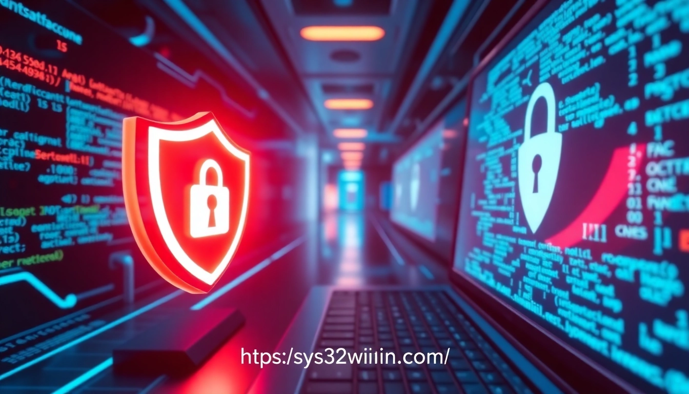 Secure computer system monitoring malware on https://sys32win.com/ with shield and code visuals, highlighting cybersecurity protection.