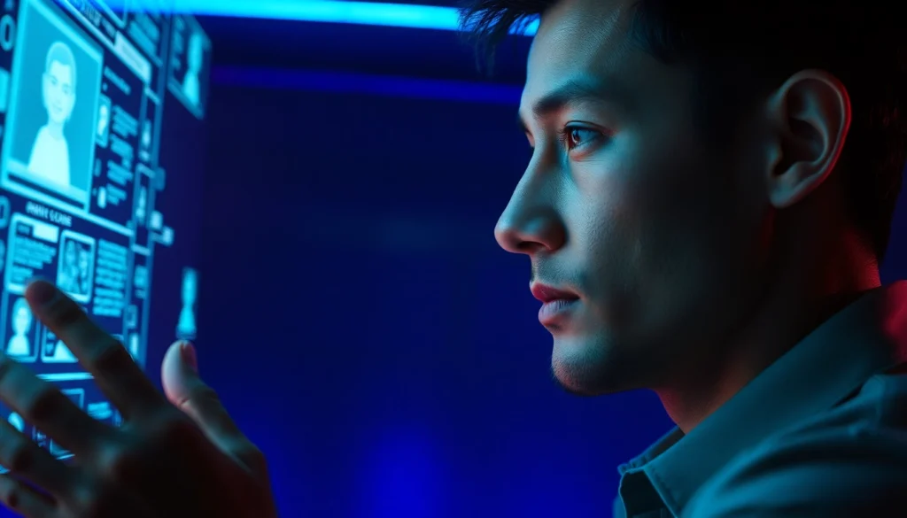 A person engaging with a glowing holographic AI interface in a high-tech room with neon accents.