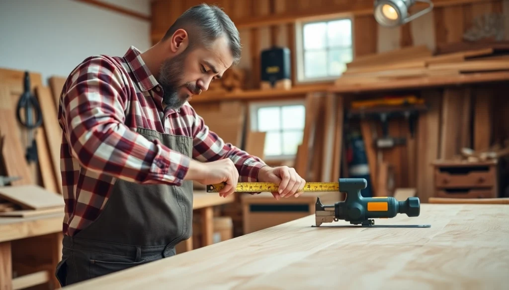 A professional carpenter measuring and working on timber, showcasing expert carpentry skills in a well-lit workshop environment.