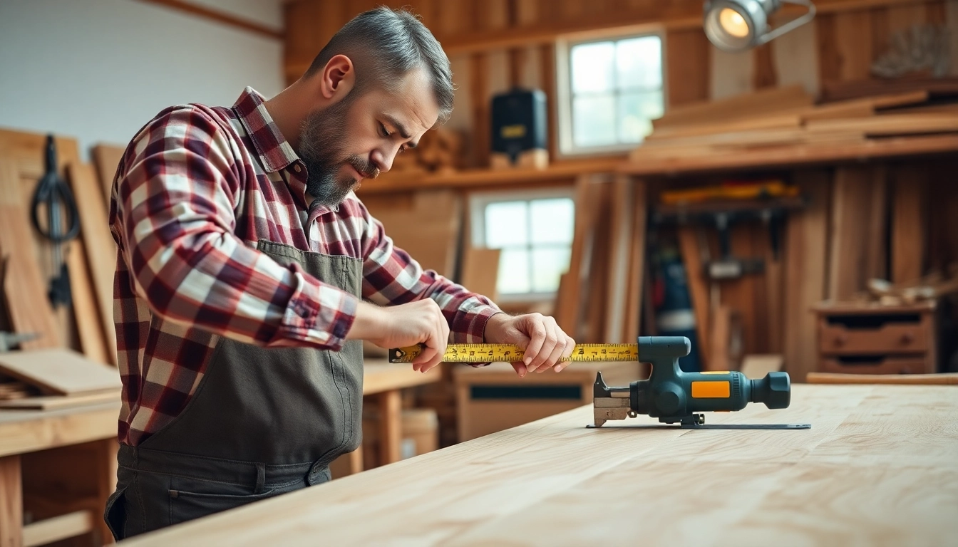 A professional carpenter measuring and working on timber, showcasing expert carpentry skills in a well-lit workshop environment.