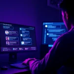 A futuristic AI chat interface on a neon-lit screen with a user engaging in an intimate conversation.