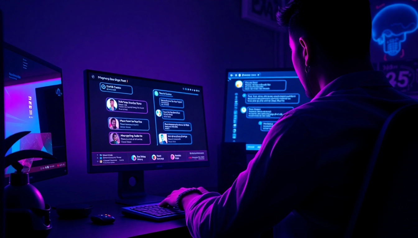A futuristic AI chat interface on a neon-lit screen with a user engaging in an intimate conversation.