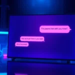 An illustration of a futuristic AI chat interface with neon lights and suggestive conversation bubbles on a sleek screen.
