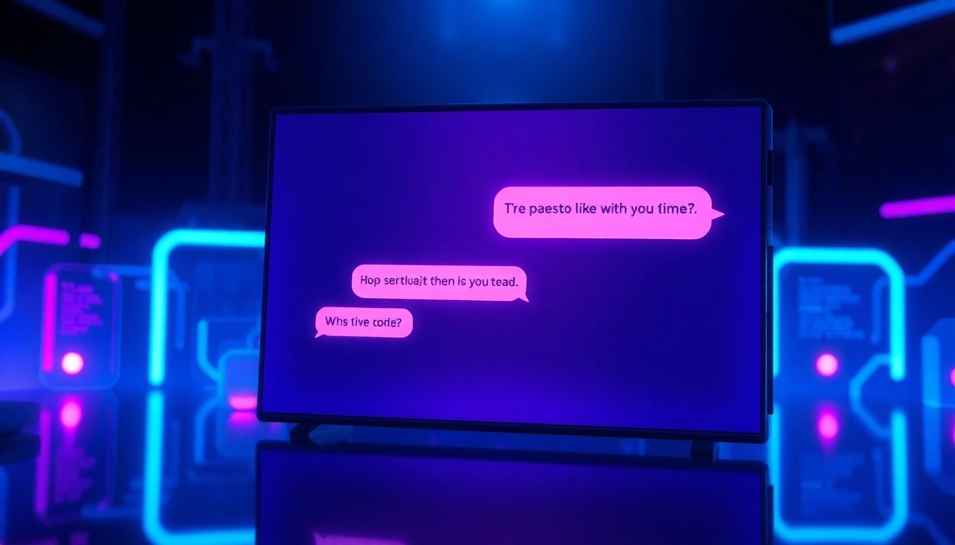 An illustration of a futuristic AI chat interface with neon lights and suggestive conversation bubbles on a sleek screen.