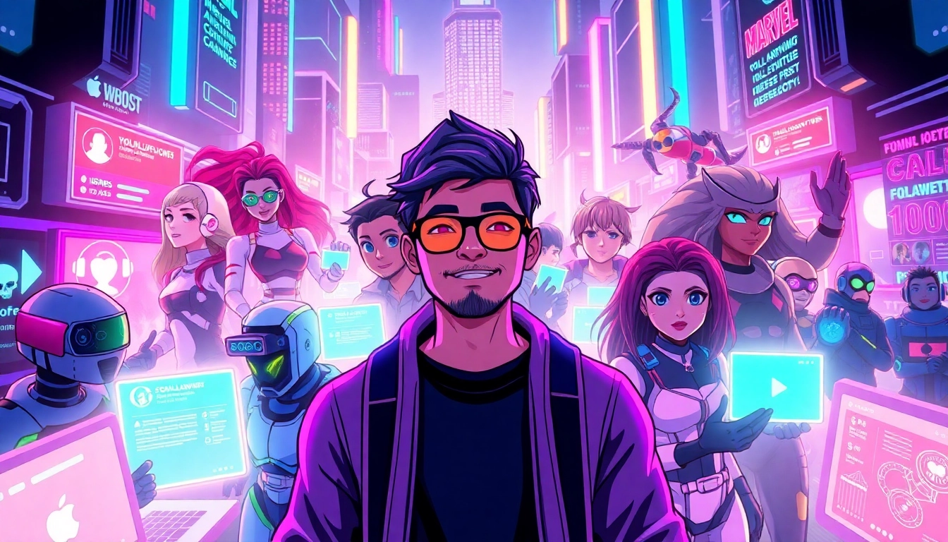 Digital art of a lively virtual social media environment with AI characters and vibrant neon lighting.