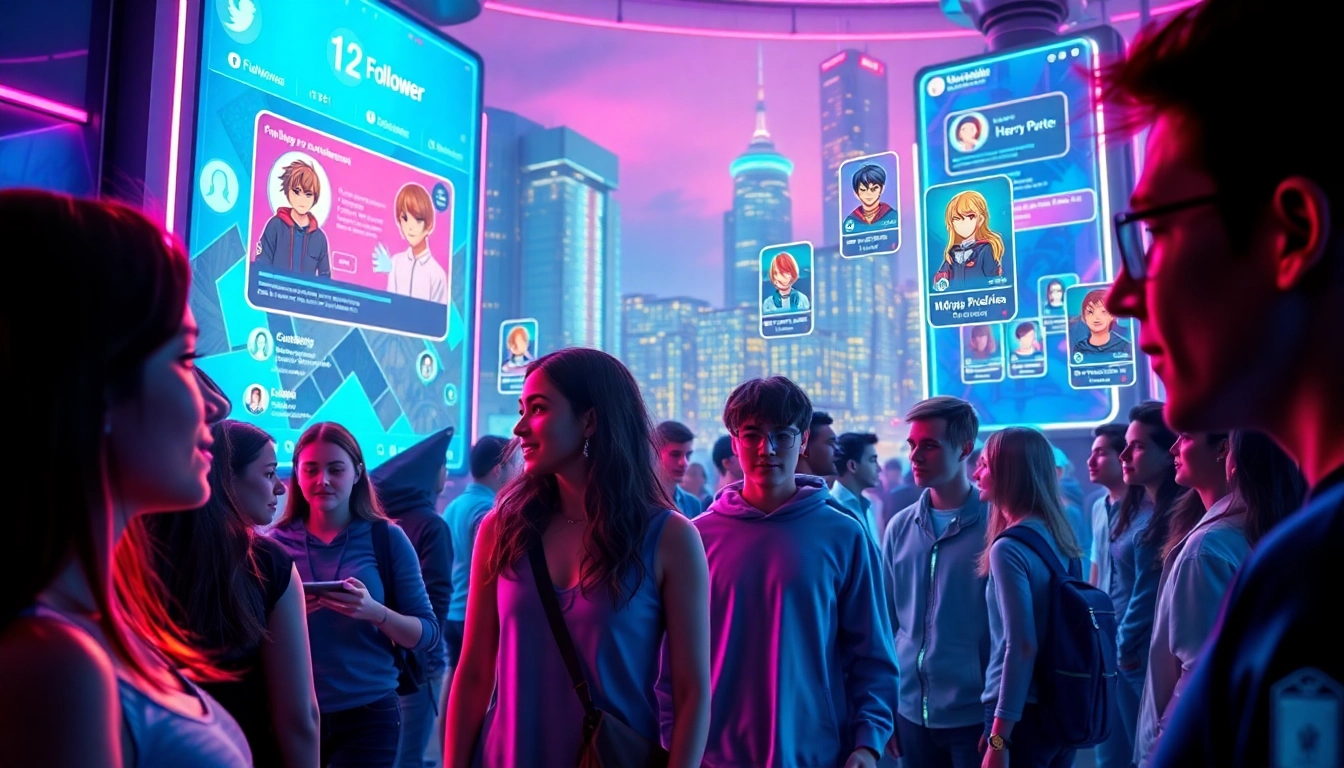 Futuristic scene of people interacting with AI avatars in a neon-lit digital cityscape representing social media and fandom.