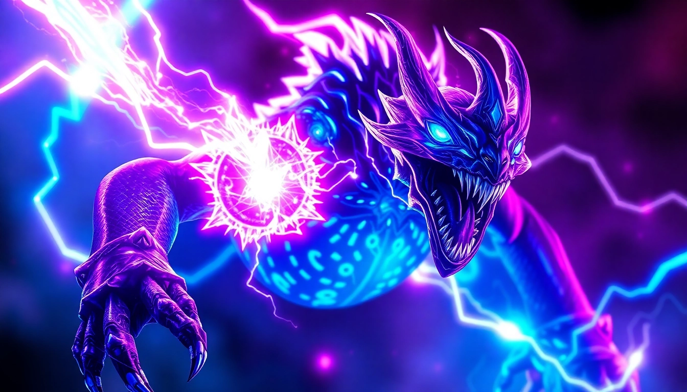 Illustration of a striking creature from 789f.monster, glowing with energy, modern digital art style for added visual impact.
