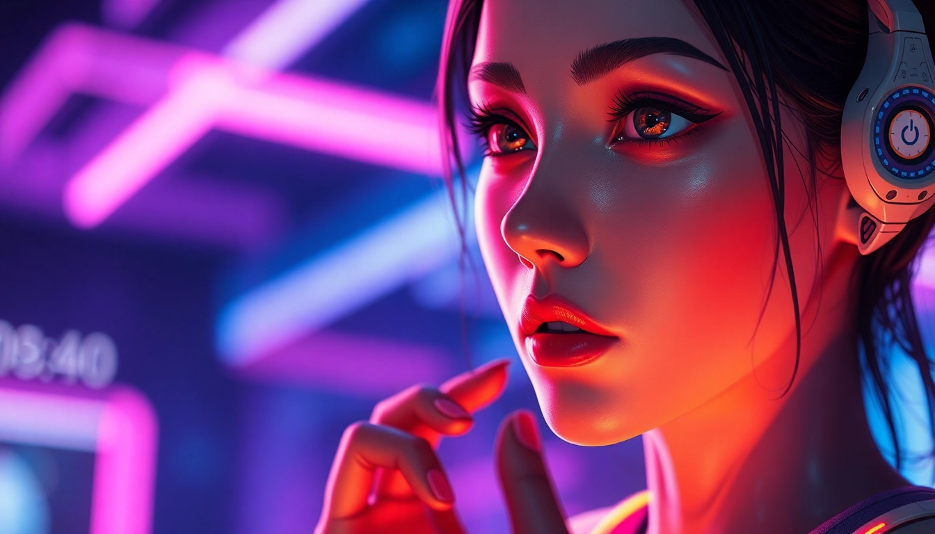 Close-up of a realistic AI character with expressive eyes in a neon-lit futuristic setting.