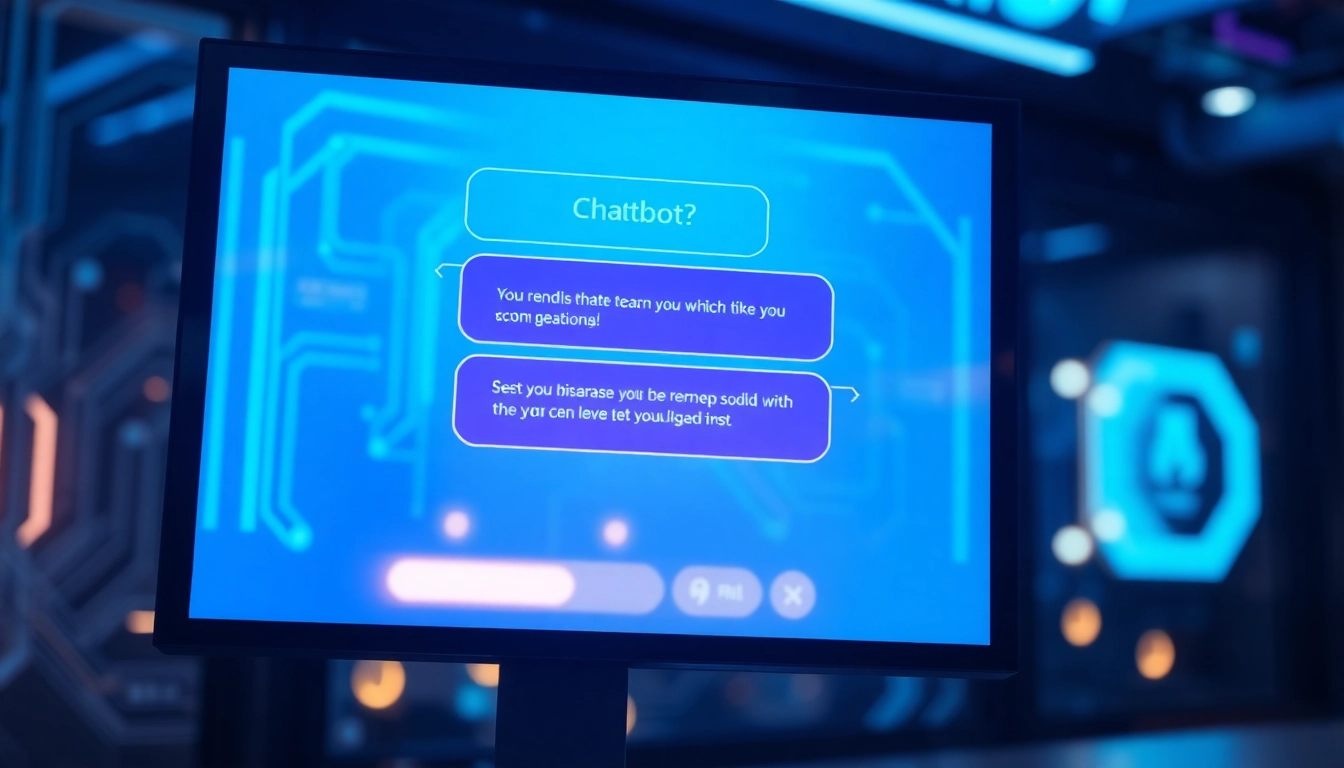 An advanced AI chatbot interface on a modern screen with neon accents and a futuristic background.