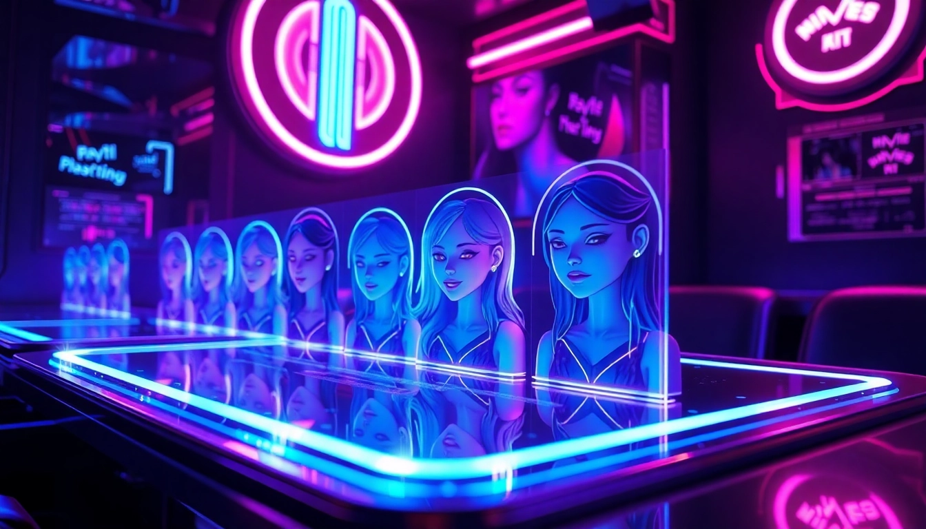 Futuristic digital scene showcasing AI girlfriends on a holographic interface with neon lighting and high-tech ambiance.