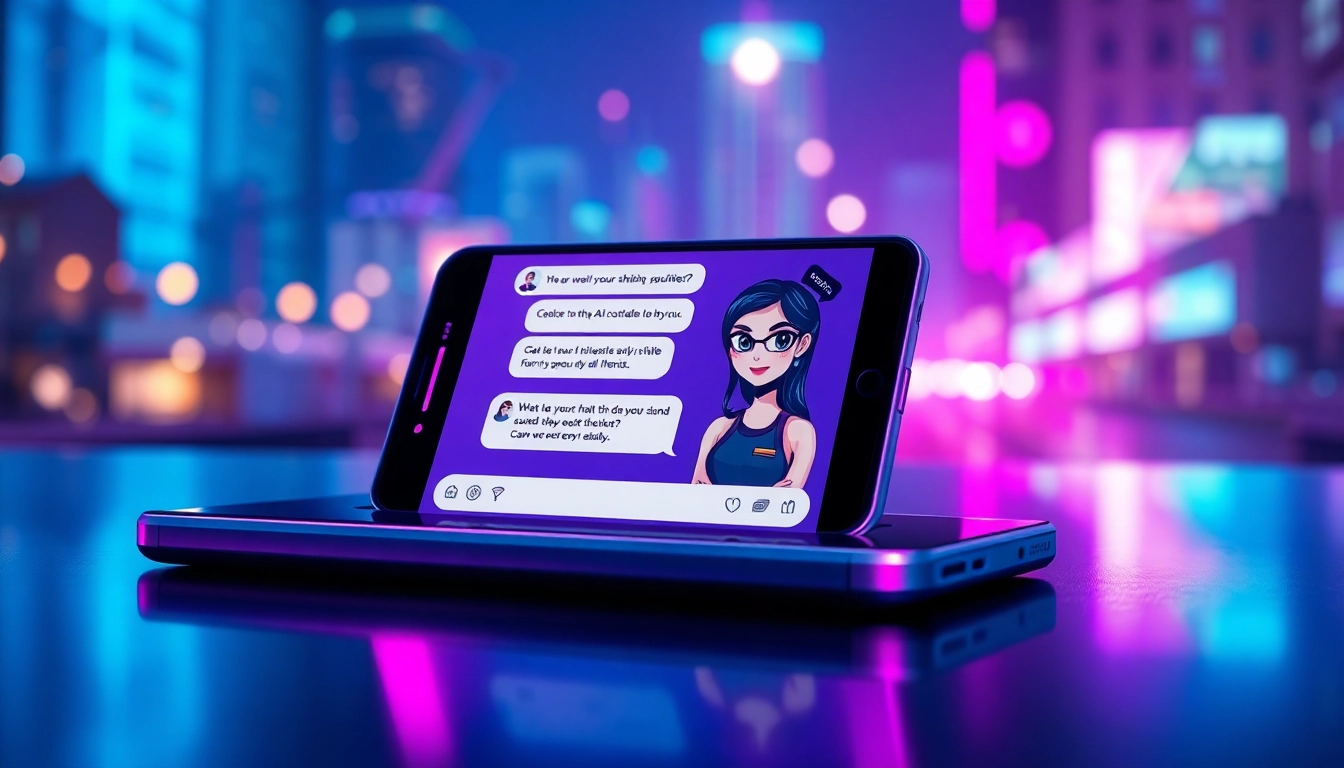 Digital illustration of a futuristic AI chat interface with customizable characters on a sleek device screen at night.