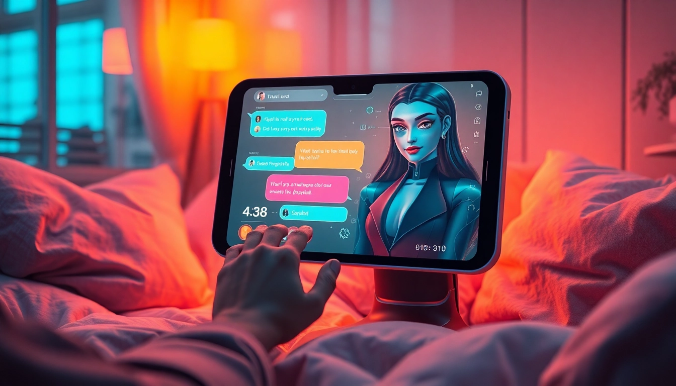 A person interacting with a virtual AI girlfriend on a sleek device in a cozy, modern room with holographic elements.