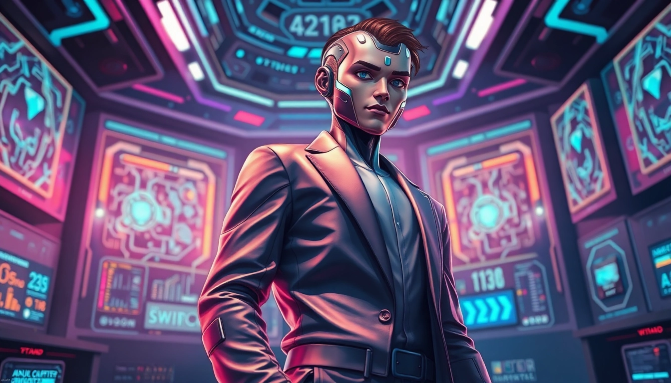 Futuristic AI character in a high-tech control room with glowing holograms and neon lighting.
