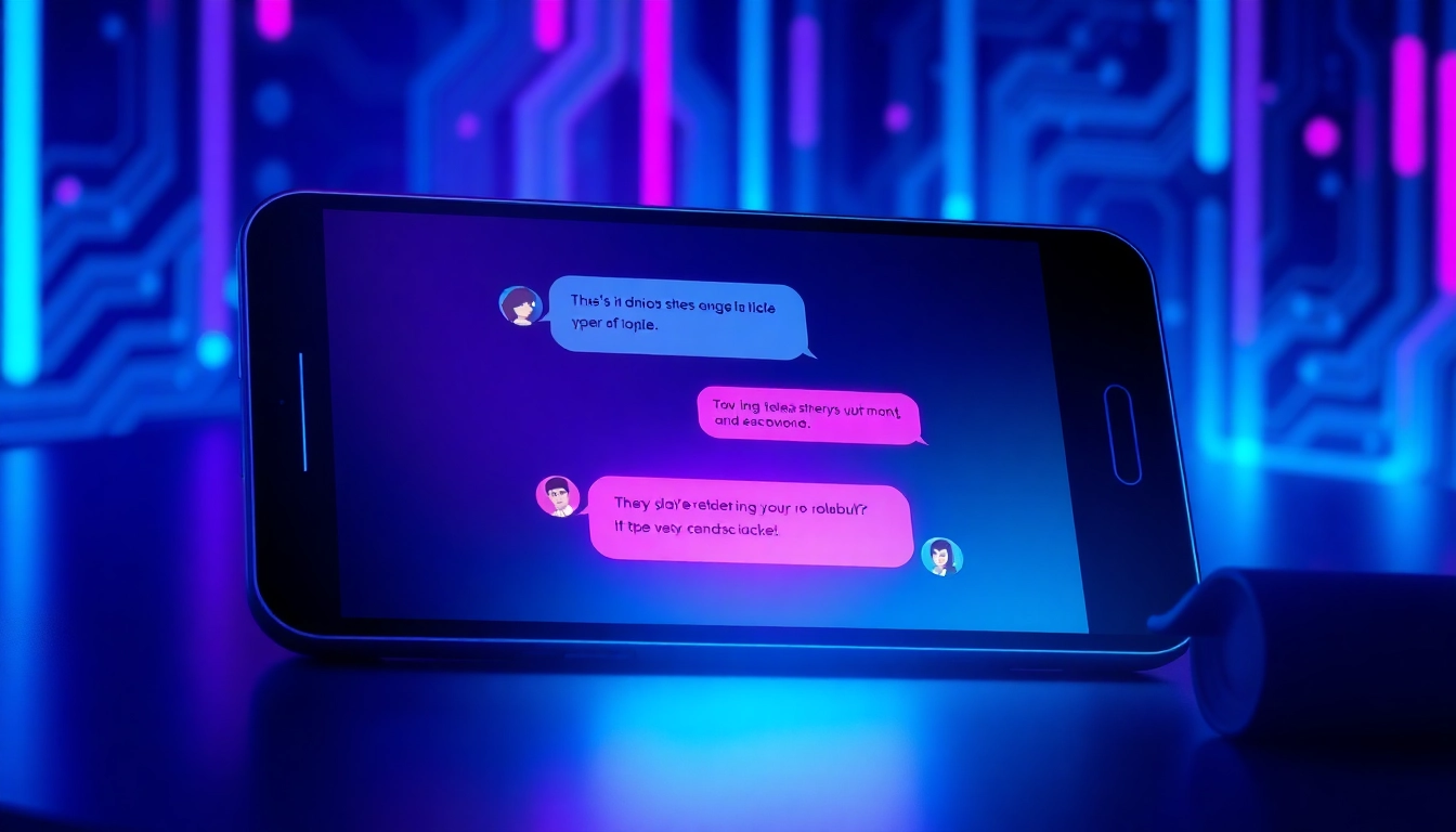 Futuristic chatbot interface on a device screen with neon accents and digital textures, suggesting advanced AI adult chat technology.