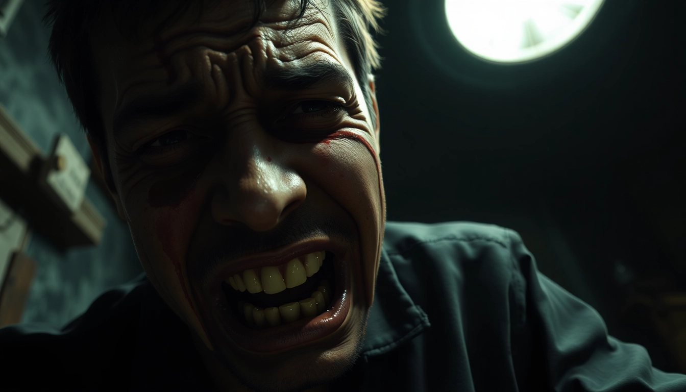 Distressed character Harvey suffering pain with a dark, gritty background, highlighting emotional and visual discomfort.