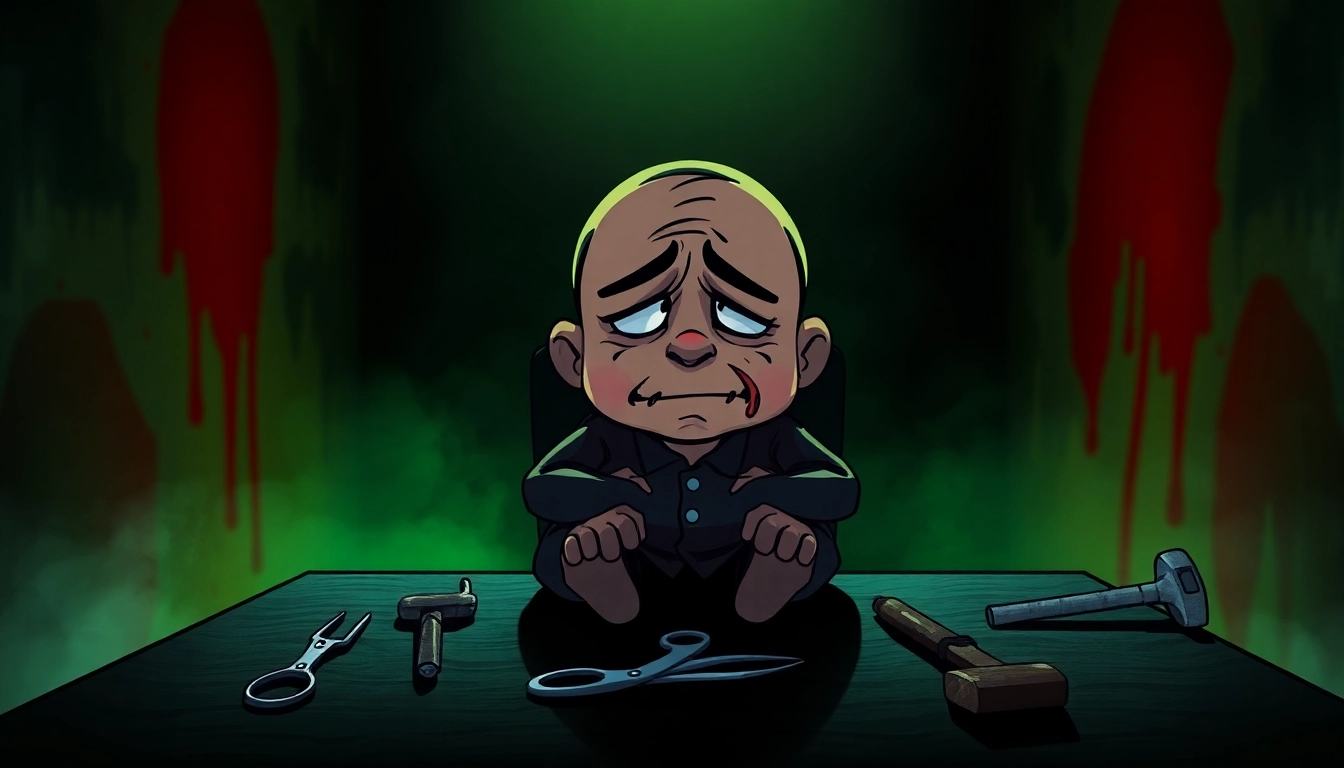 A disturbing scene of Harvey suffering, surrounded by tools of violence in a dark, eerie room.