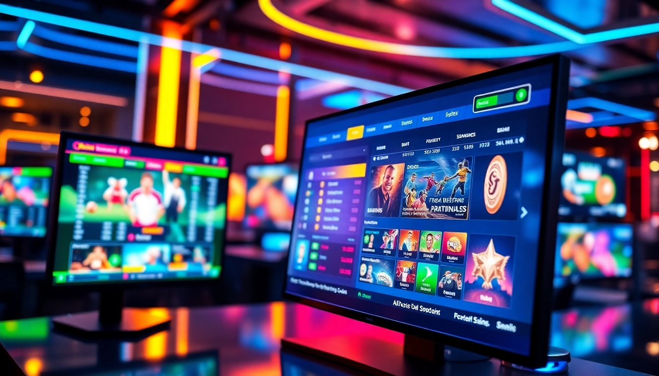 An illustration of a digital sportsbook interface with vibrant colors and dynamic sports graphics.