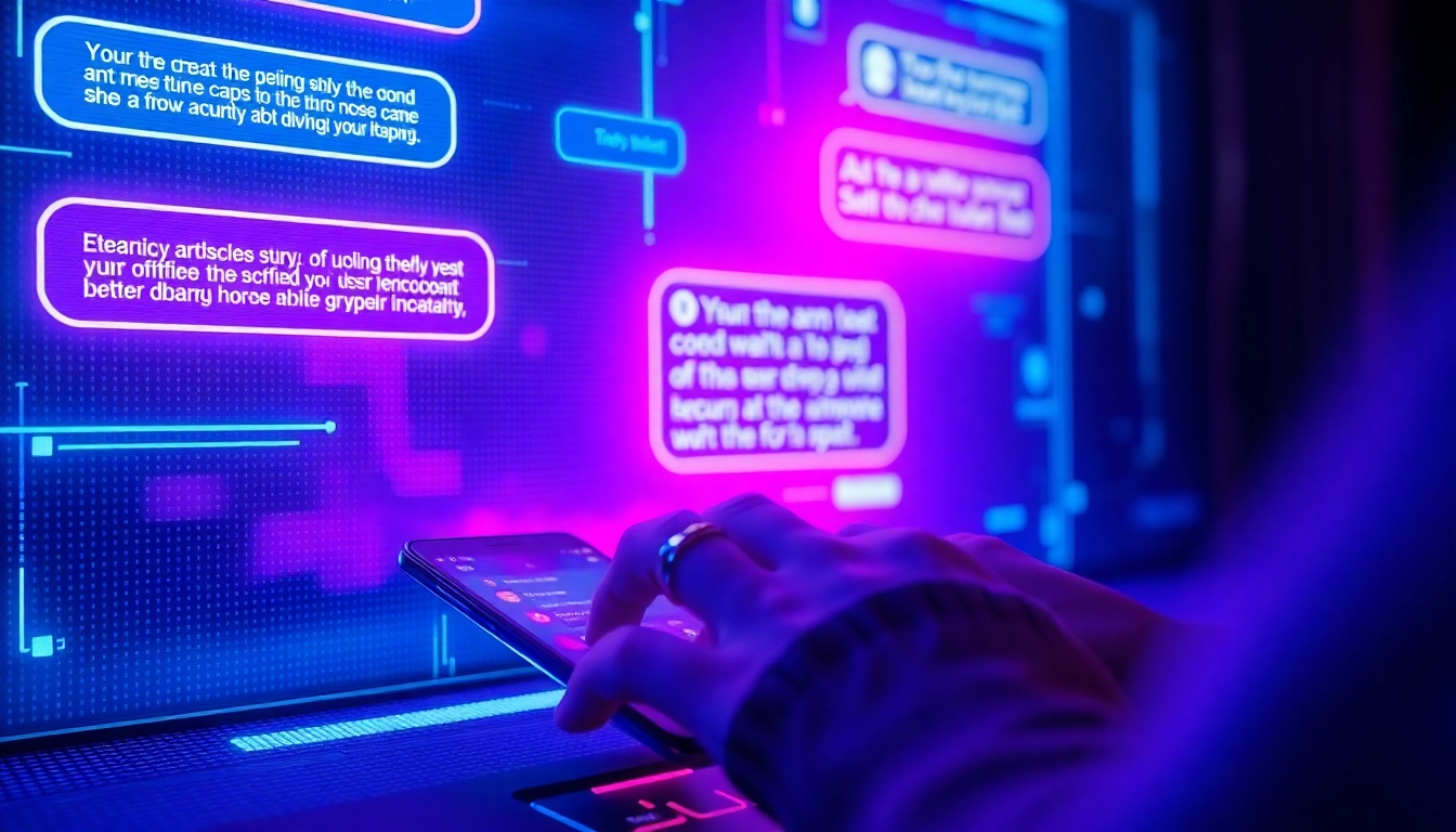 Futuristic AI chat interface with neon lights and holographic chat bubbles, creating an engaging digital environment.