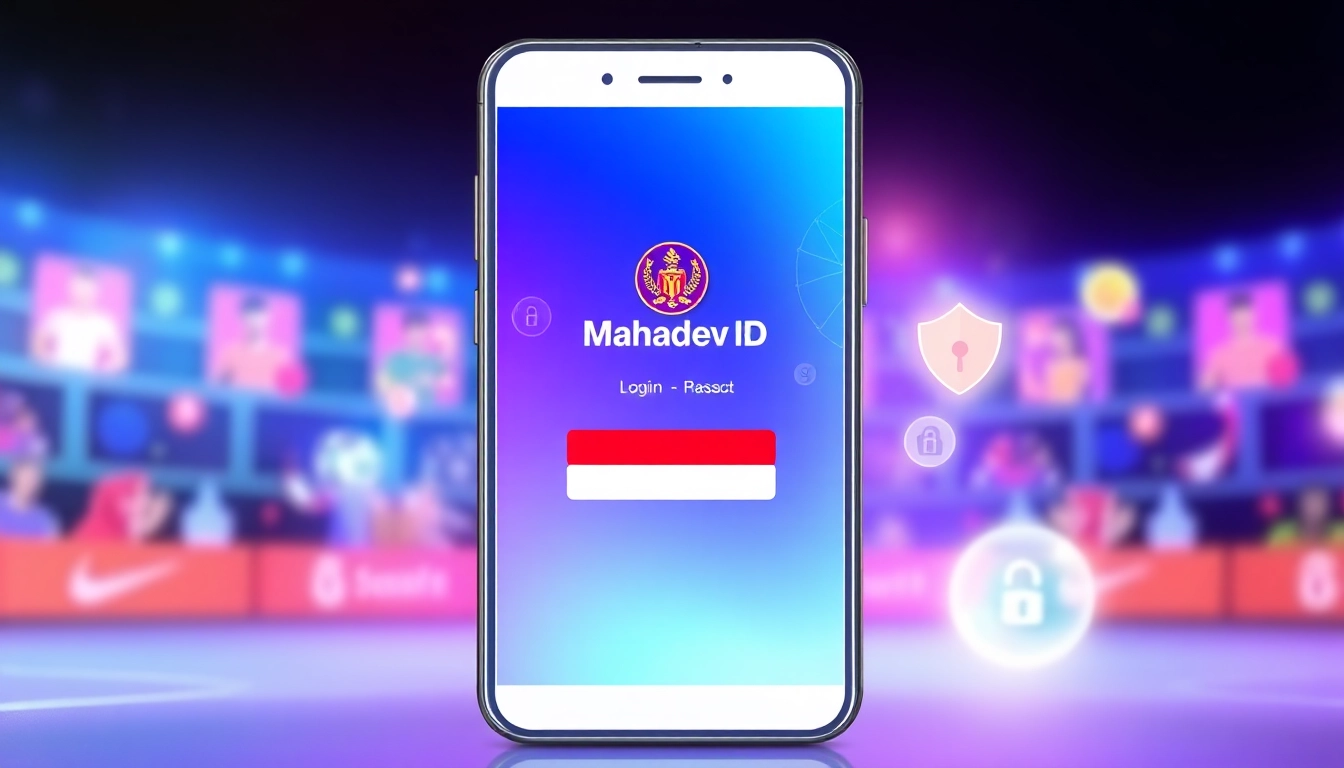 Mahadev ID login screen on a smartphone with sports icons, highlighting secure online betting access