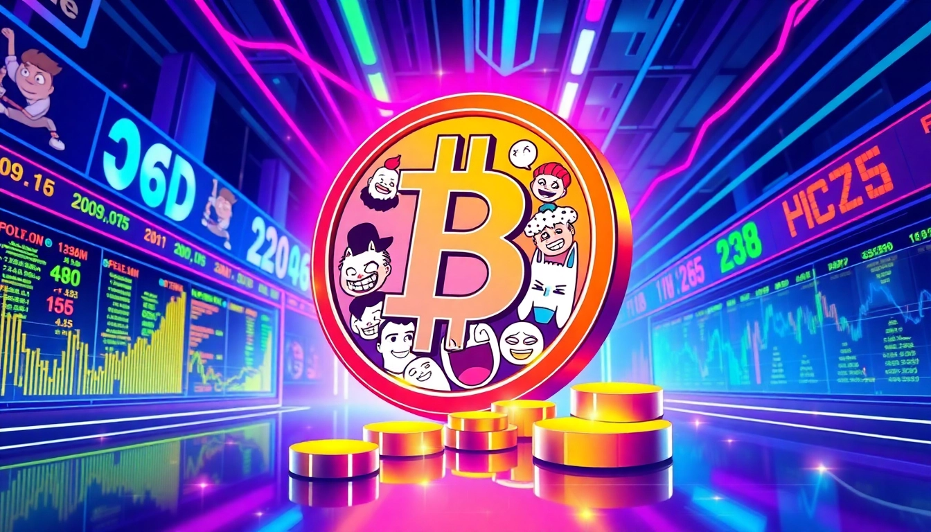 Vibrant memecoin with internet memes in a futuristic crypto trading scene capturing hype and