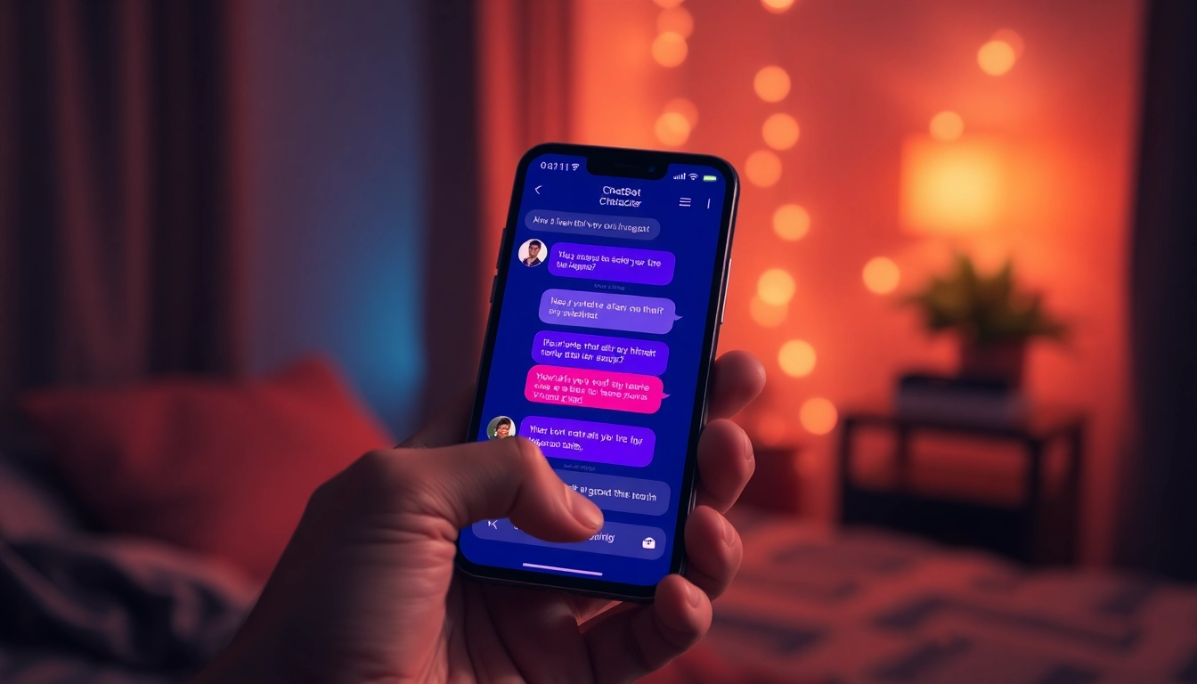 A smartphone displaying a chatbot conversation with a customizable AI character in a cozy, dimly lit setting.