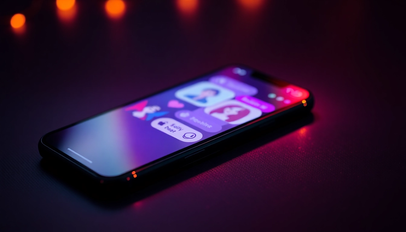 Smartphone showing a colorful adult AI chat interface with flirtatious characters on a dark background.