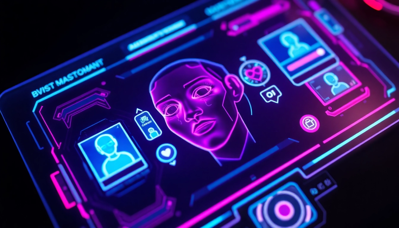 A futuristic digital interface with neon colors and holographic AI icons on a dark background, highlighting advanced AI technology.
