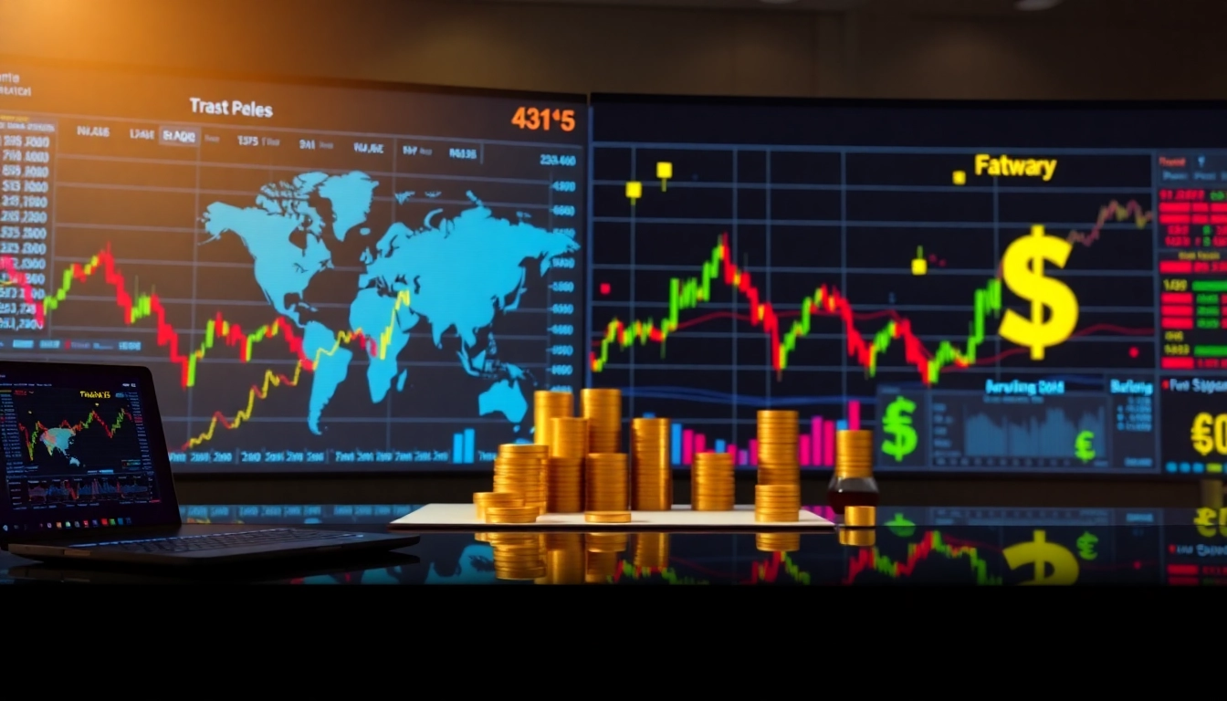 Global Trading News Market graphs and gold reaching record highs in a professional setting