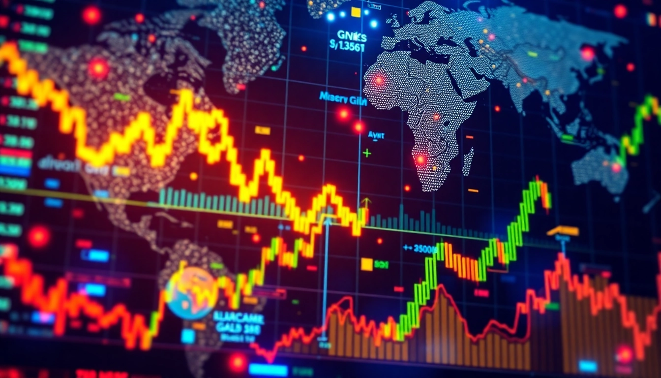 Global Trading News updates with stock market trends, gold record, and currency fluctuations
