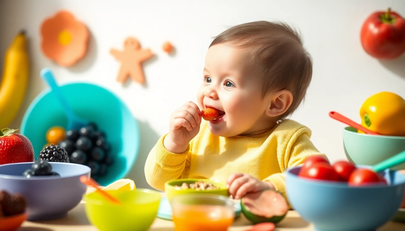 Cute baby enjoying baby weaning foods from silicone bowls with colorful accessories, promoting