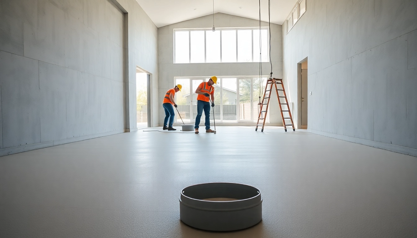 Experienced Birmingham team installing liquid screed for floor finishing in a commercial building
