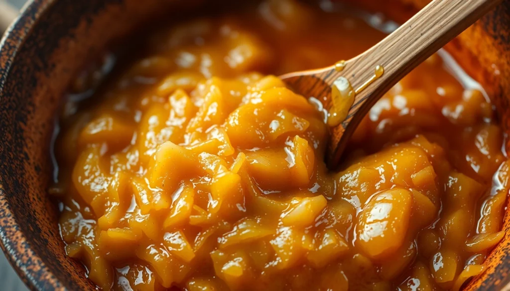 Sauteed Onion Paste being stirred in a bowl with rich golden color and inviting texture,